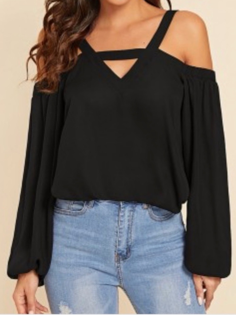 bebe Black Cold-Shoulder V-Neck Strappy Blouse - Size: Small